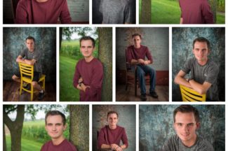 senior guy, yellow chair, in studio & outside