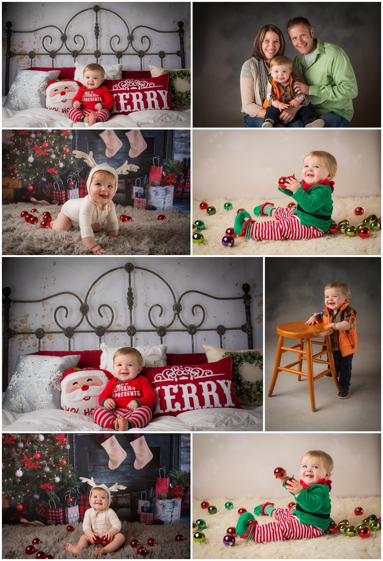 Boy's 1st birthday, 1 year photo, christmas bed, christmas reindeer, christmas elf, family