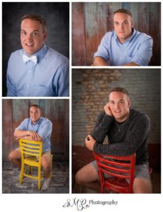 senior guy, casual, red chair, yellow chair, brick wall