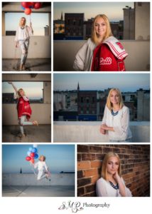 Senior girl, balloons, parking garage, cheerleading, skyline, brick wall