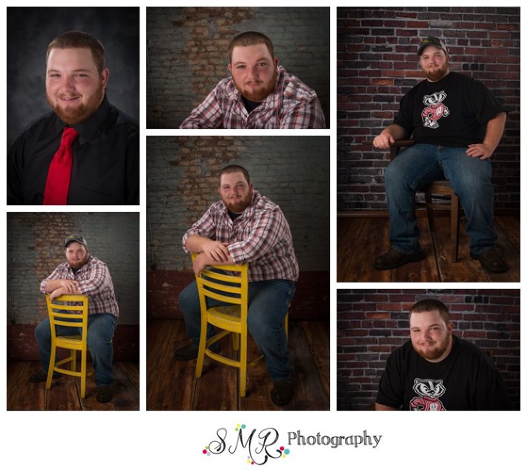 Senior guy, headshot, brick wall, warehouse, yellow chair, old desk