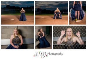 senior girl, prom dress, 2018 graduate, softball, dug out, second base, sunset