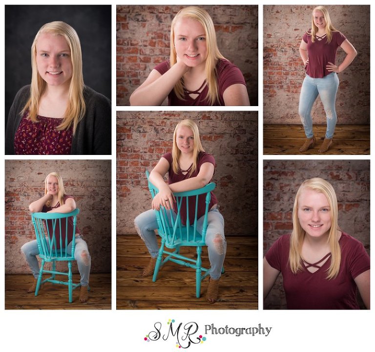 senior girl, yearbook photo, blue chair, brick wall