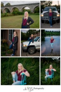 senior girl, outdoors, truck, bridge, flowers, water, chair