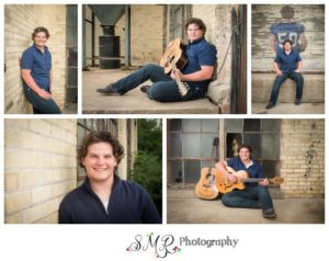 Senior guy, casual, brick wall, old warehouse, guitar, football