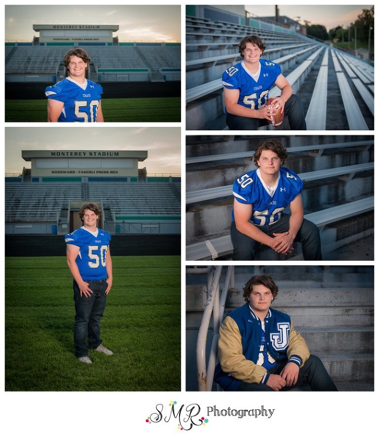 Senior guy, football, stadium, letterman jacket