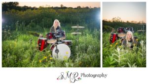 high school senior girl, drum set, field
