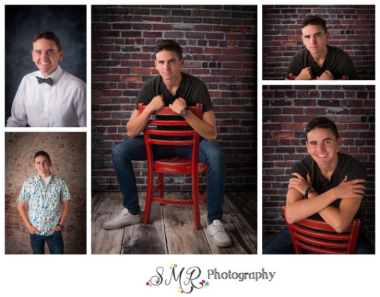 Senior guy, casual, red chair, brick wall, hawaiian shirt