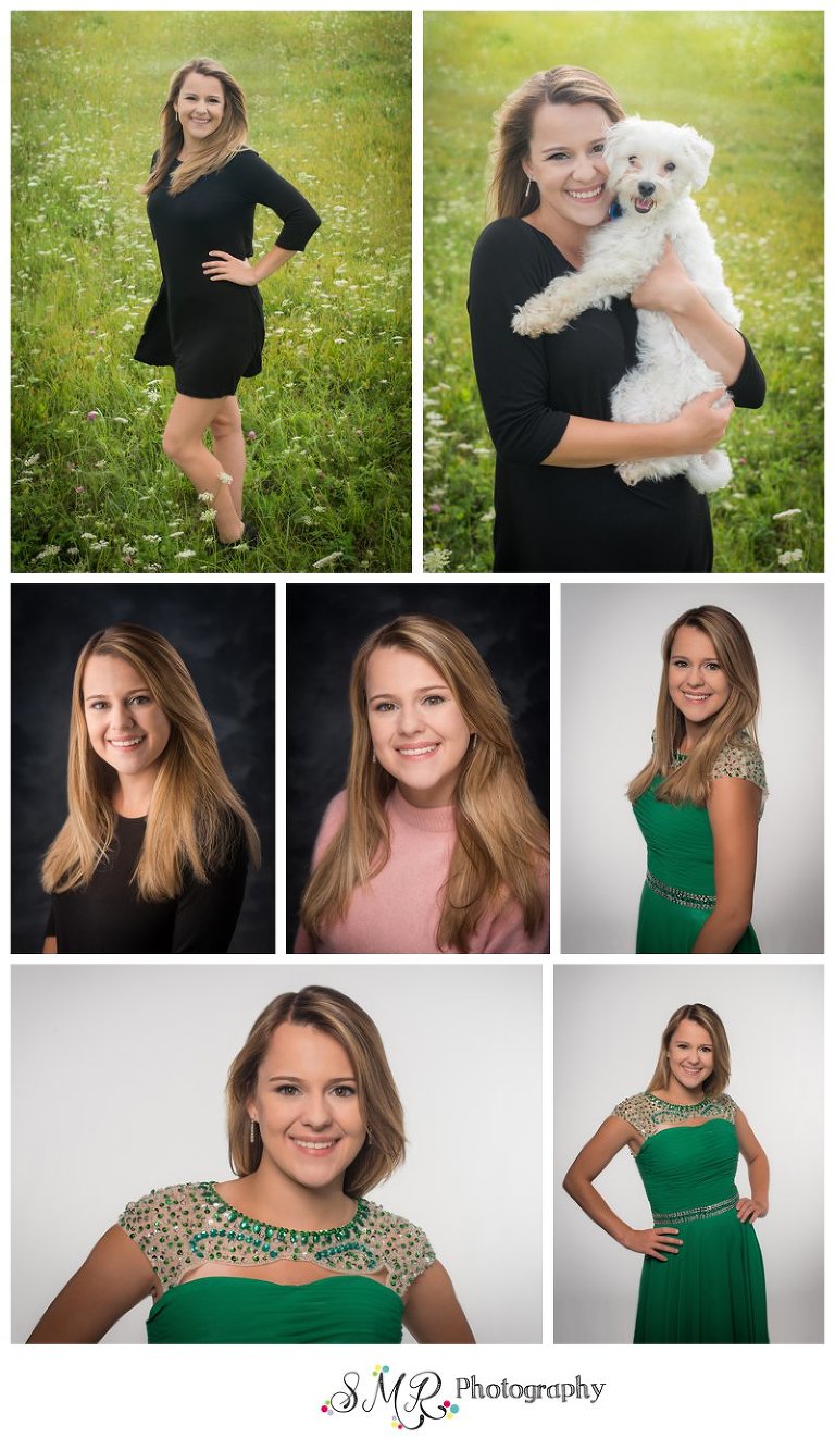 Senior girl, field, with her dog, yearbook photo, prom dress